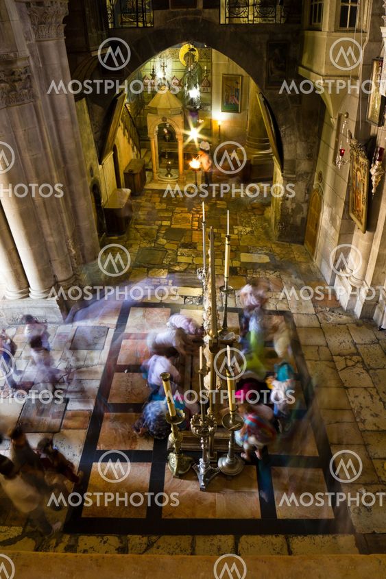 The stone of unction in Church of the Holy Sepulchre. Jerusalem