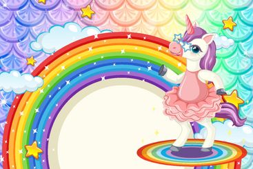 Rainbow banner with cute unicorn on colourful fish...