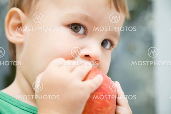 Portrait of a cute little boy biting apple