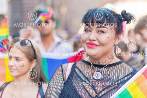 Woman in black at the pride parade in Stockholm