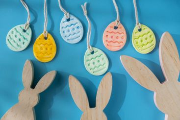 Group of air dry clay handmade Christmas decor on beige...