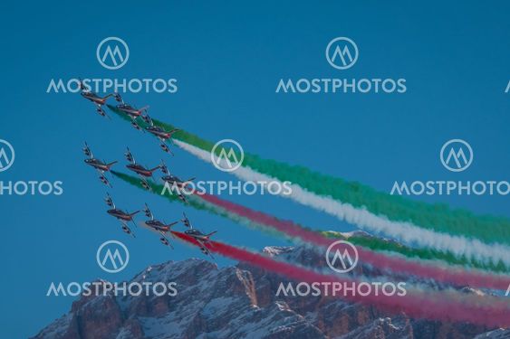 Acrobatic group of Freccia trecolori jet aeroplanes are...