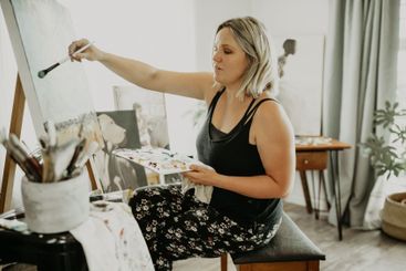 Artist, canvas and painting, woman in studio at home...