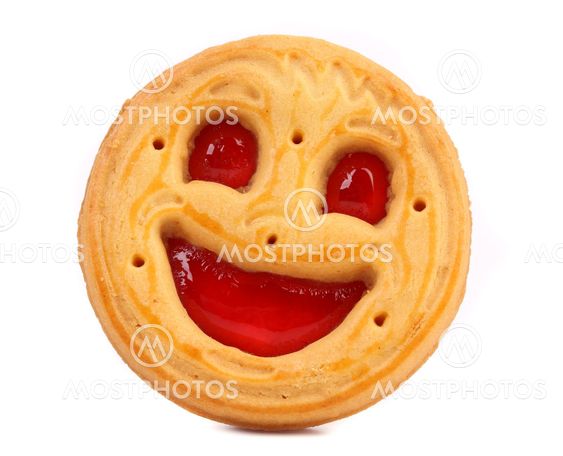Smiley biscuit on a white background.