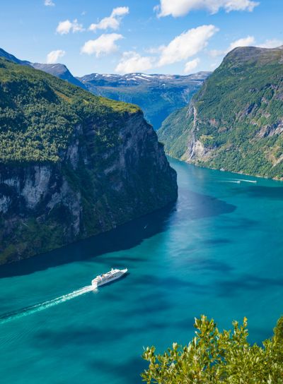 Fjord Geirangerfjord with cruise ship, Norway.