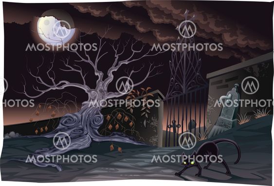Black cat and cemetery in the night.