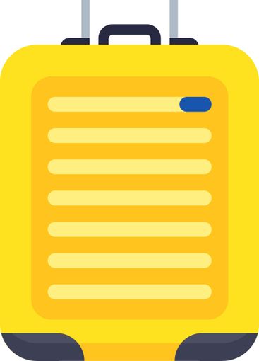 Yellow rolling suitcase with blue label, symbolizing...