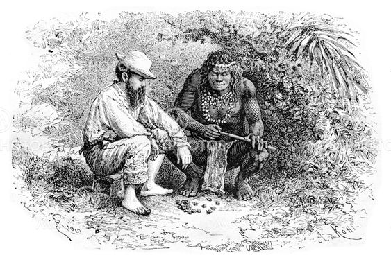 Making a Necklace in Oiapoque, Brazil, vintage engraving