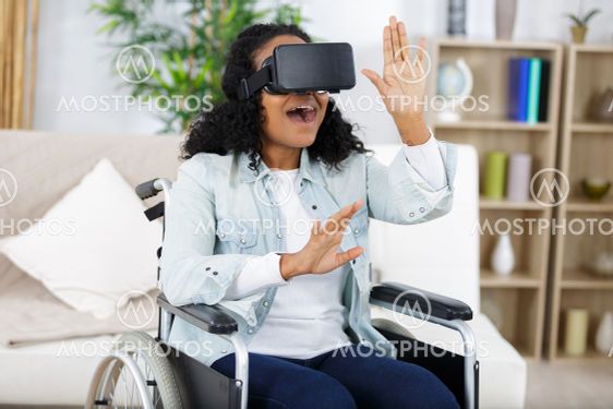 leasant disabled woman staring at girl who wearing vr...