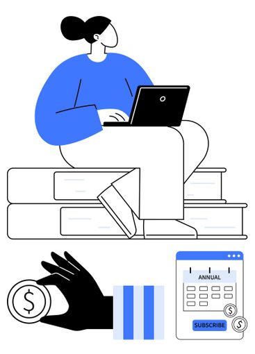 Woman Working on Laptop While Sitting on Books with...