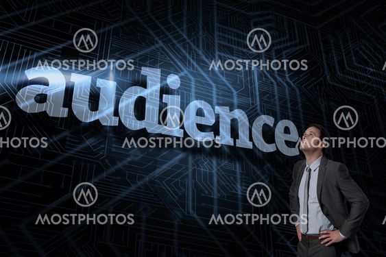 Audience against futuristic black and blue background