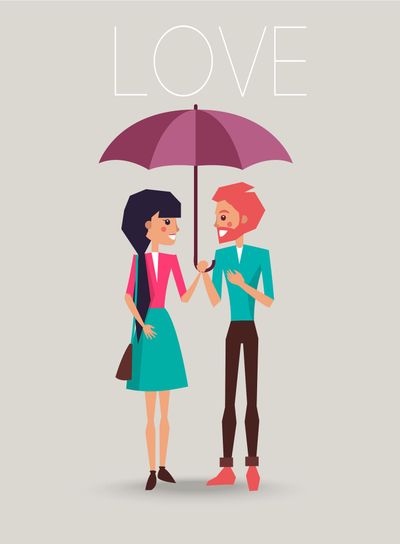 Young Couple in Love Standing under One Umbrella