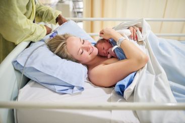 Hospital, motherhood and woman with newborn, healthcare...