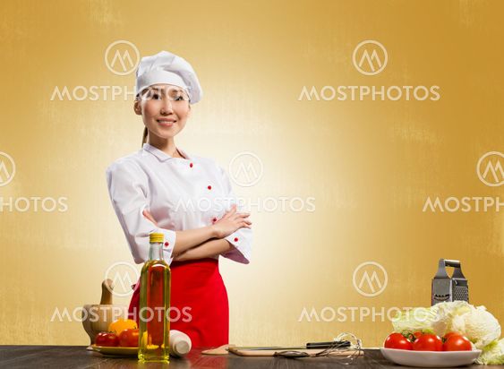 Asian cook woman crossed her arms