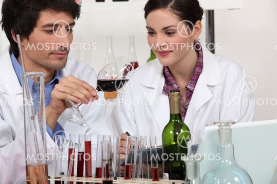 Couple in a wine laboratory