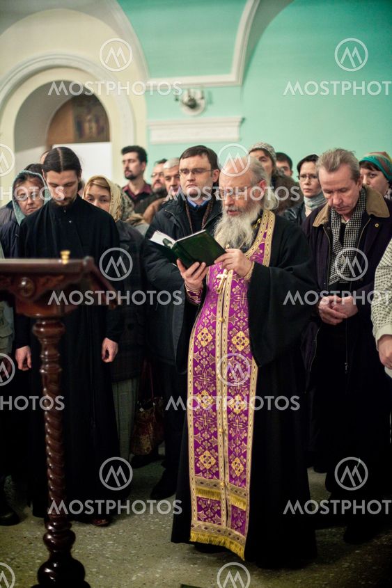 MOSCOW - MARCH 13: Orthodox liturgy with bishop Mercury in High Monastery of St Peter in Moscow on March 13, 2010 in Moscow