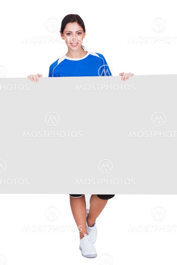 Sporty Woman Holding Blank Placard