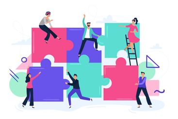 Puzzle teamwork. People work together and connect puzzle...