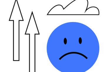 Sad blue face under a cloud with two upward arrows...