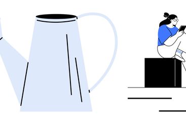 Woman Sitting on Cube Using Tablet Next to Watering Can