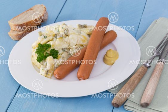 Potato salad with sausage and mustard
