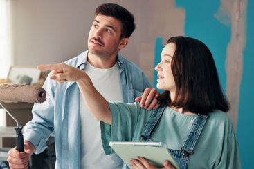 House, painting and couple with tablet, planning and...