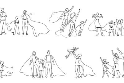Continuous one line superhero family. Heroic parents...