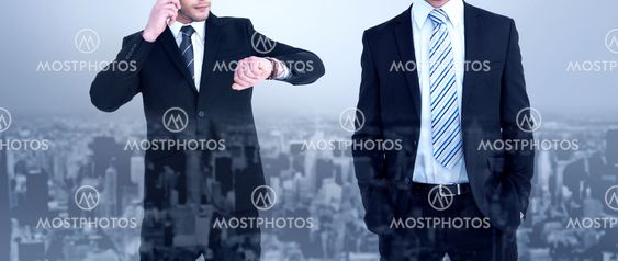 Composite image of smiling elegant businessman with hands in pockets