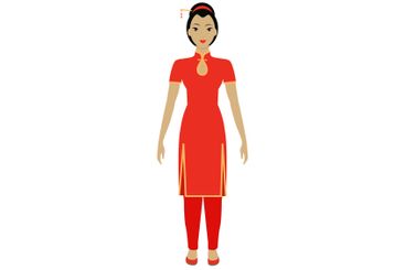 Woman Wearing Traditional Red Dress with Hair Ornament...