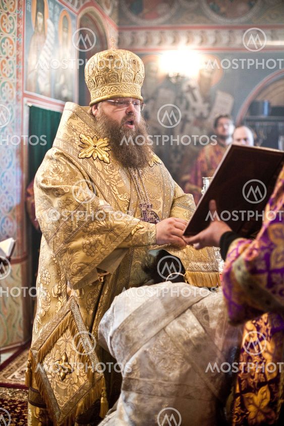 MOSCOW - MARCH 14: Orthodox liturgy with bishop Mercury in High Monastery of St Peter in Moscow on March 14, 2010 in Moscow
