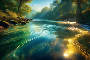 The sunlight creates stunning patterns on the river's...