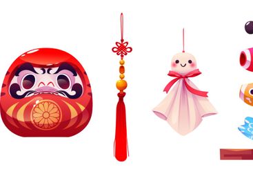 Chinese daruma doll, knot tassel and lucky carp