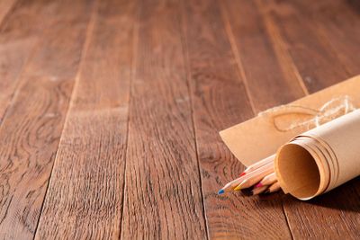 Top view vintage style image of blank paper and colorful...