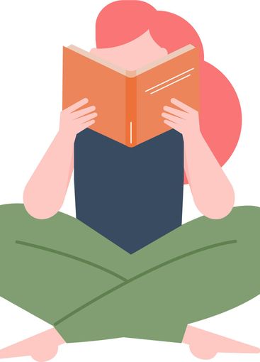 Concentrated female student is reading a textbook,...