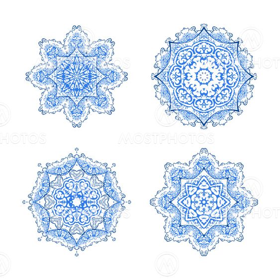 Vector set of four round snowflakes. Vector blue mandalas.