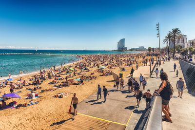 A sunny day on the Barceloneta beach, Barcelona,...