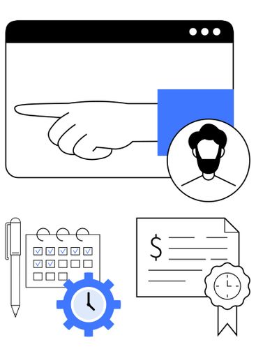 Hand pointing on screen with male avatar, calendar, pen,...