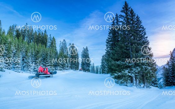 Snowy roads through alpine forest, in Austria