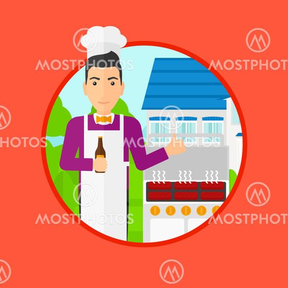 Man cooking meat on gas barbecue grill.