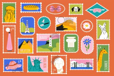 Travel sticker stamp. Vintage postcard label, retro...