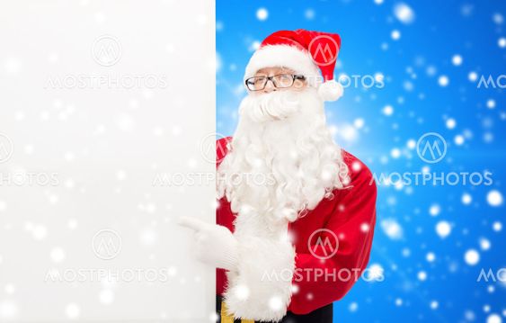 man in costume of santa claus with billboard