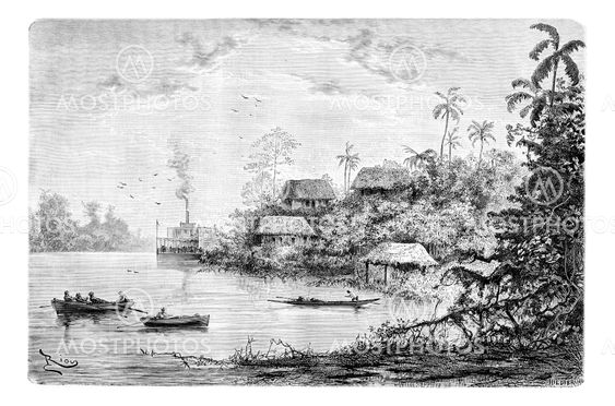 View of the Town of Cuembi along the Ica River in Amazonas, Brazil, vintage engraving