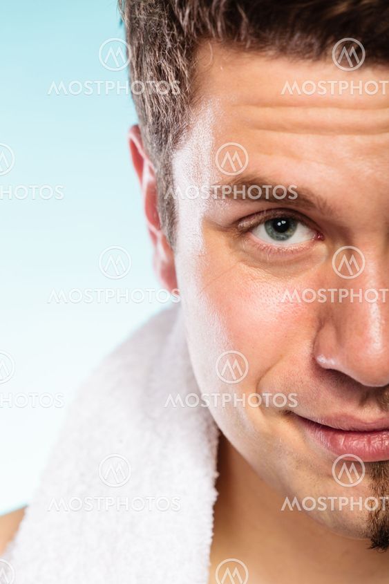 Happy man shaved face beard hair.