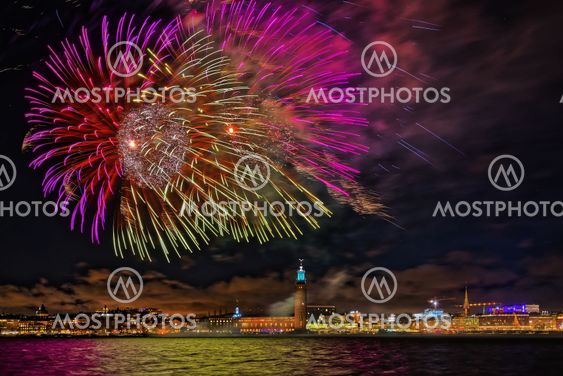 Fireworks over the town hall in Stockholm