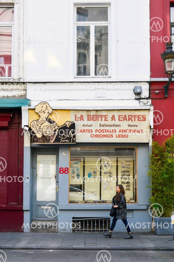 Brussels, Belgium - April 2015: Preserved old European-style residential and commercial buildings on streets of Brussels City, Belgium