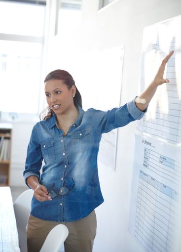 Presentation, planning and businesswoman in discussion...