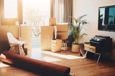 Boxes, interior and furniture in new home, property...