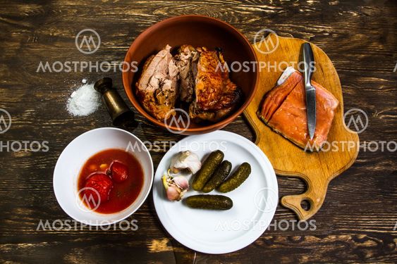 Still Life With grilled meat of turkey and salt salmon...