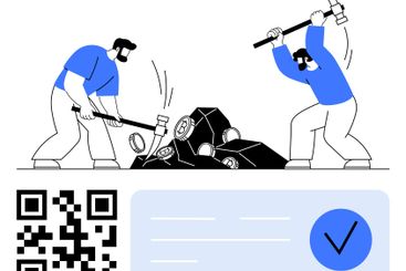 Two Miners Breaking Rocks with Pickaxes Next to QR Code...