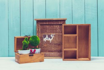 Shabby chic style home decorations on wooden background